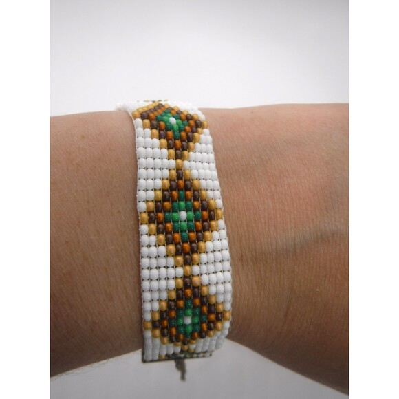 Loom Beaded Bracelet White, Brown & Green - Picture 1 of 5